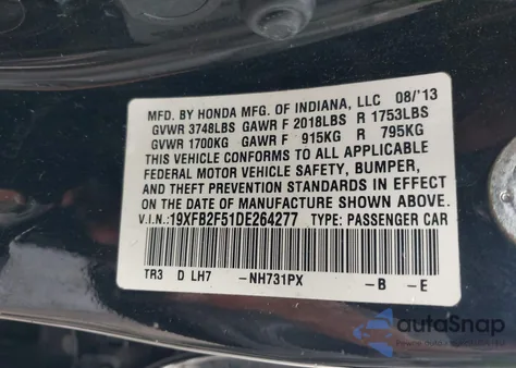 2013 Honda Civic Lx from USA, damaged, VIN 19XFB2F51DE264277